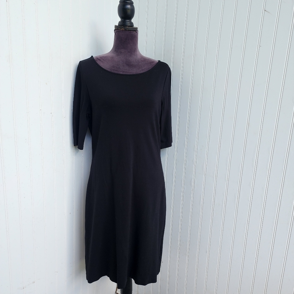 Talbots Womens Black Midi Sheath Dress Half Sleeve Stretch Pullover Sz 6